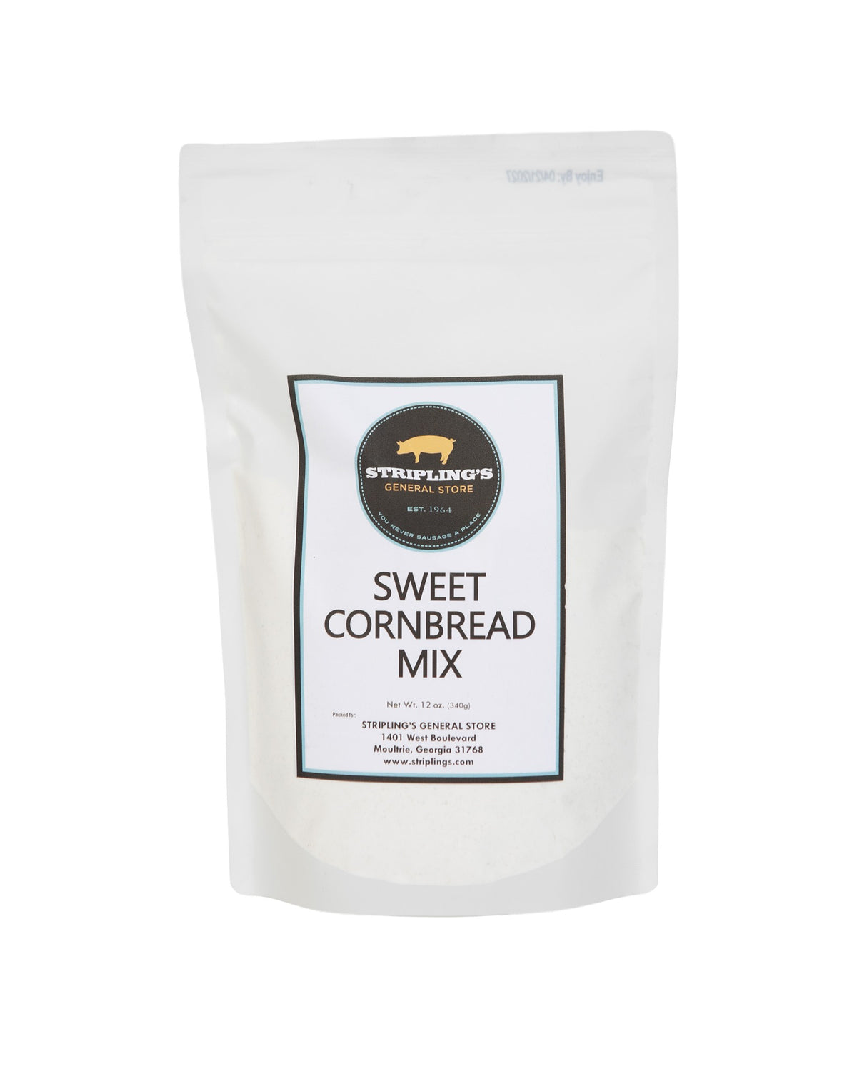 Stripling's Sweet Cornbread Mix in a 12 oz white stand-up pouch with the pig logo