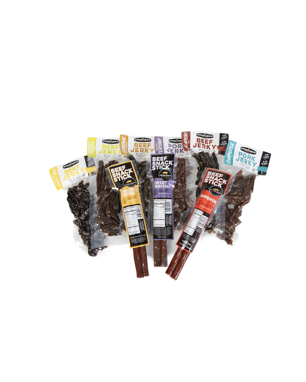 Stripling's jerky and snack stick bundle, an assortment of beef jerky bags and snack stick packs