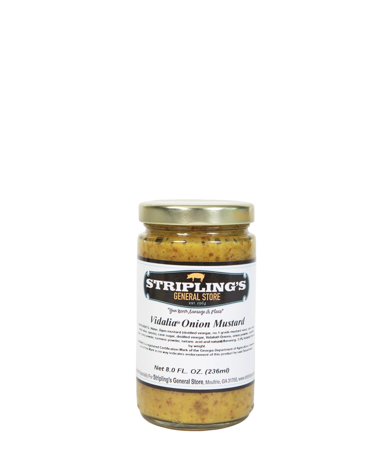 Stripling's Vidalia Onion Mustard in an 8 oz glass jar with a gold lid