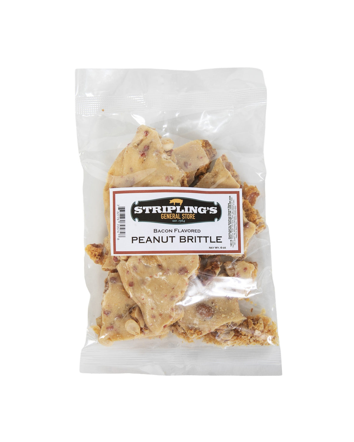 Stripling's Bacon Peanut Brittle, broken pieces in a clear 6 oz bag