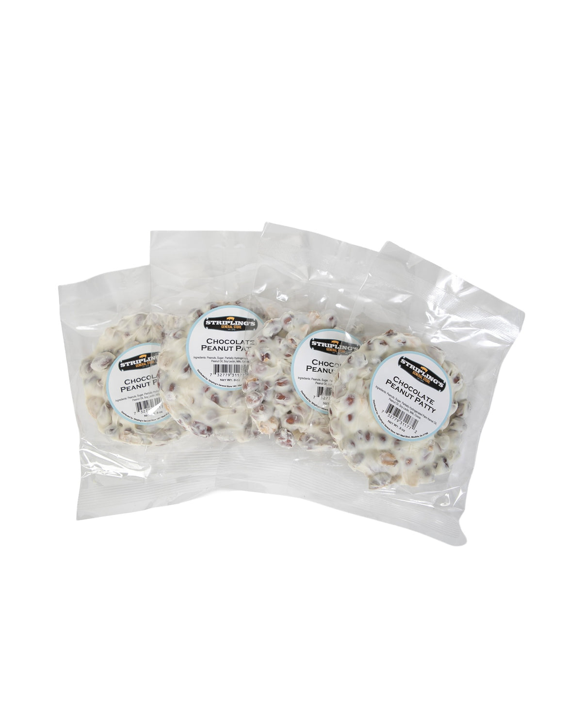 Four Stripling's white chocolate peanut patties in clear bags, fanned out