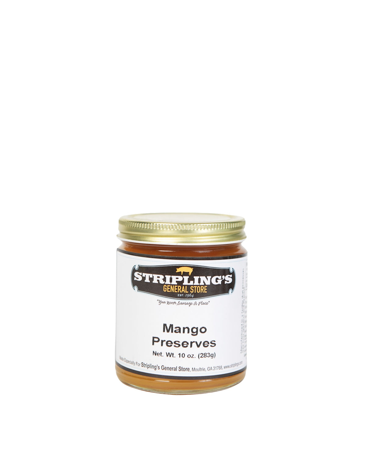 Stripling's Mango Preserves in a 10 oz glass jar with a gold lid