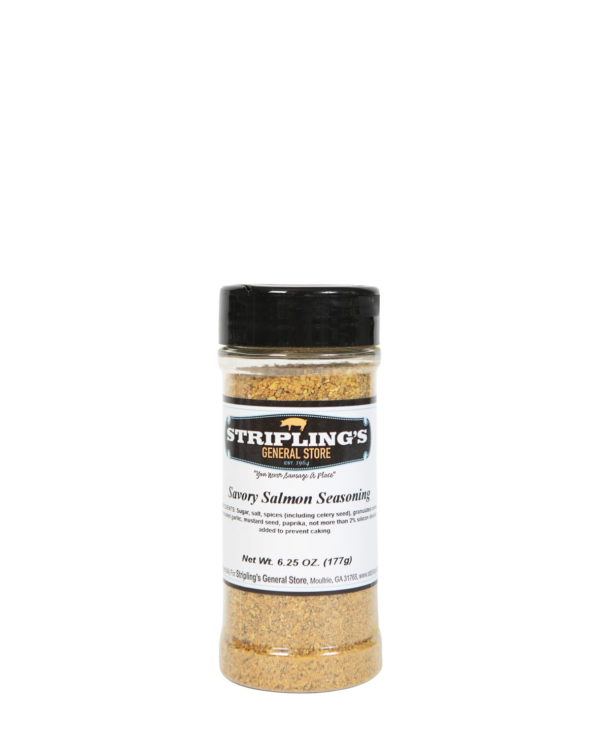 Stripling's Savory Salmon Seasoning in a clear 6.25 oz shaker, pale gold in color