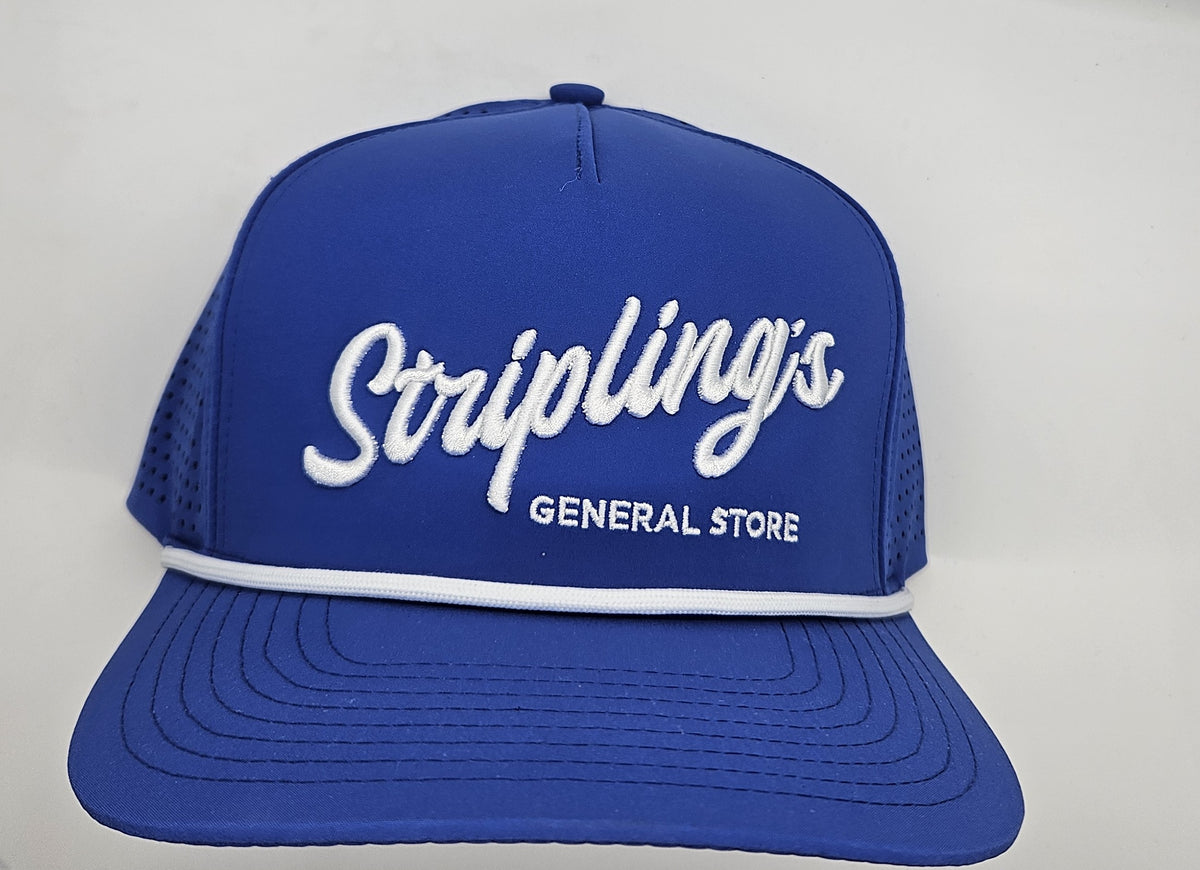 Stripling's royal blue rope hat with raised white script and a white rope