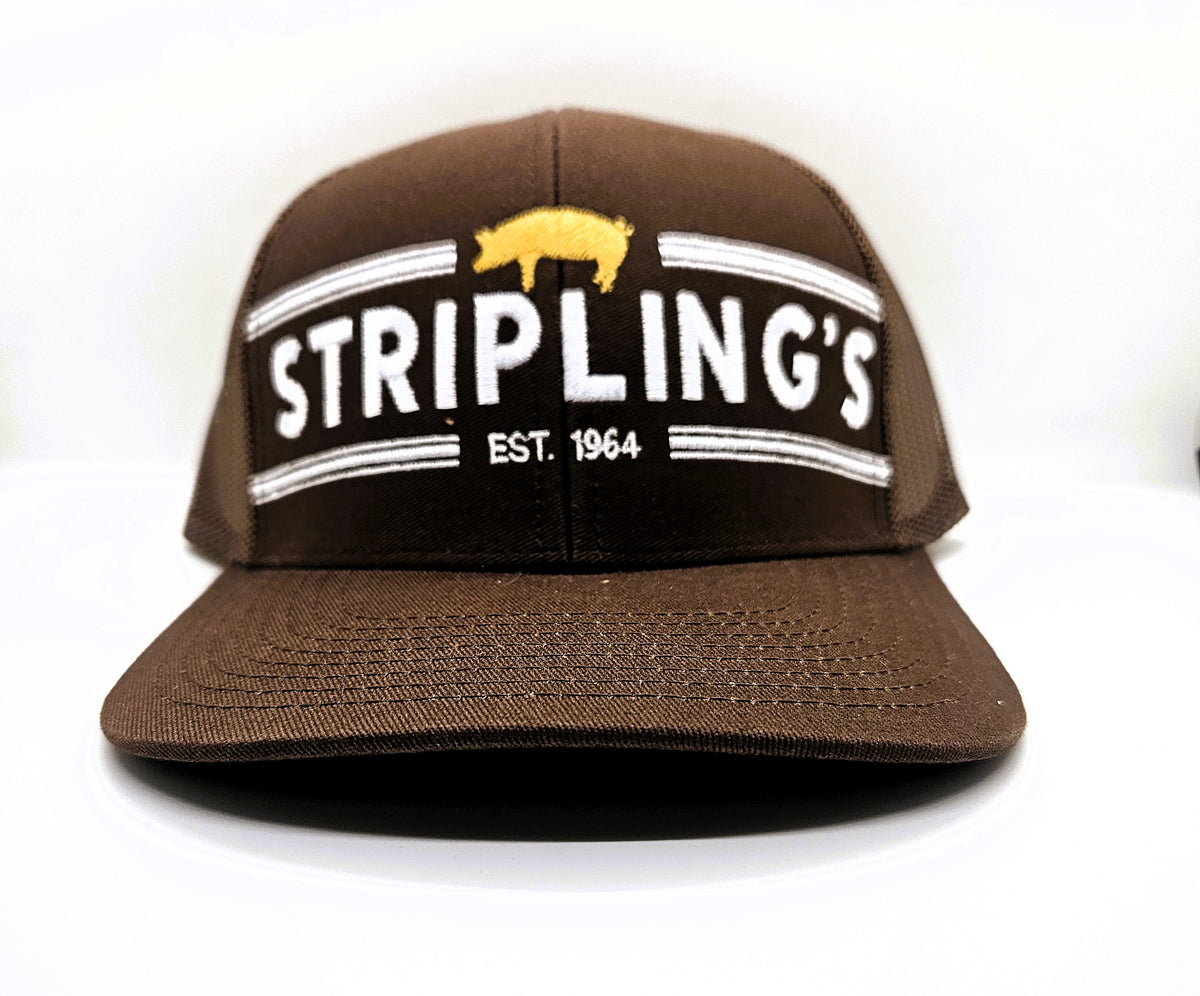 Stripling's brown 1964 pig hat with gold pig and white block lettering