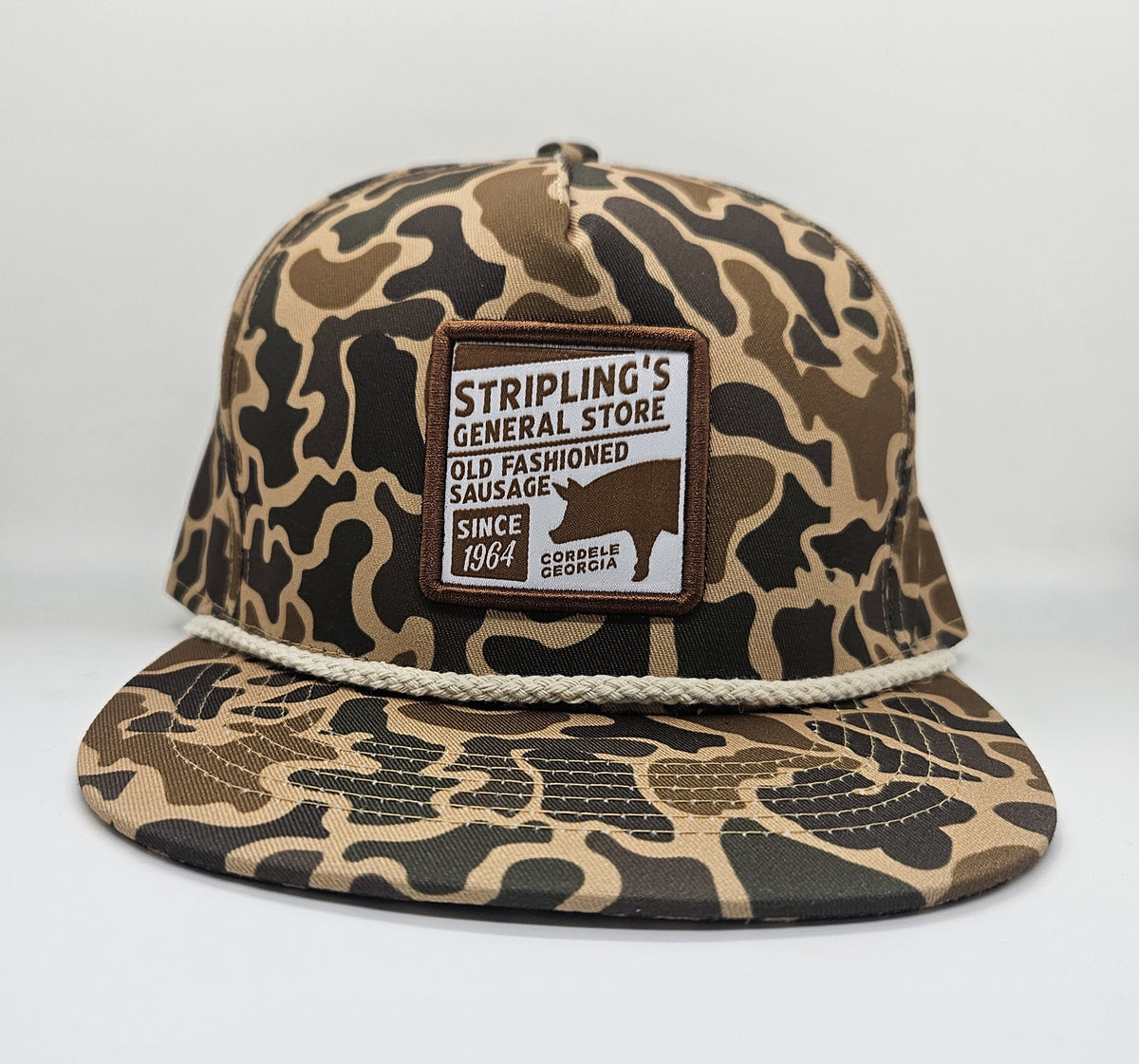 Stripling's camo rope hat with a cream rope and the old fashioned sausage patch