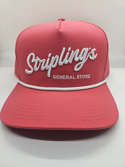 Stripling's coral pink rope hat with raised white script and a white rope