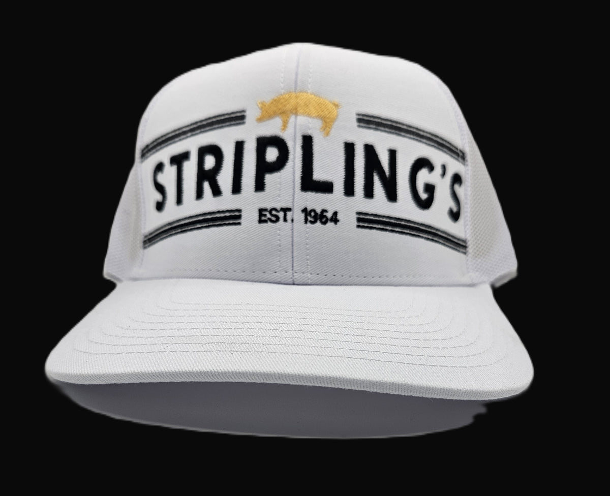 Stripling's white 1964 pig hat with gold pig and black block lettering