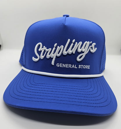 Angled view of the Stripling's royal blue rope hat showing the vented side panels
