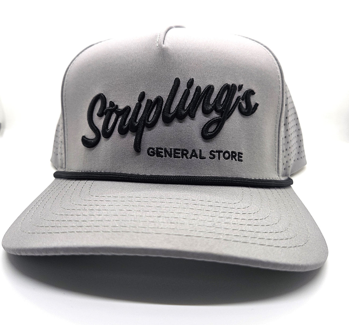 Stripling's grey rope hat with raised black script and a black rope