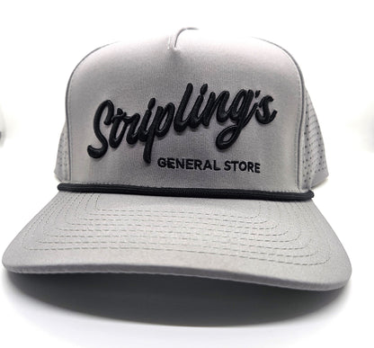 Stripling's grey rope hat with raised black script and a black rope