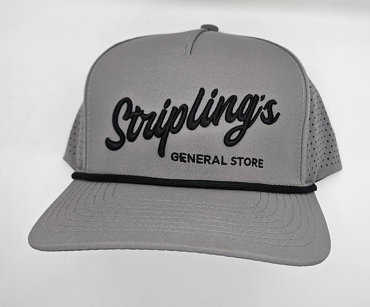 Angled view of the Stripling's grey rope hat showing the vented side panels