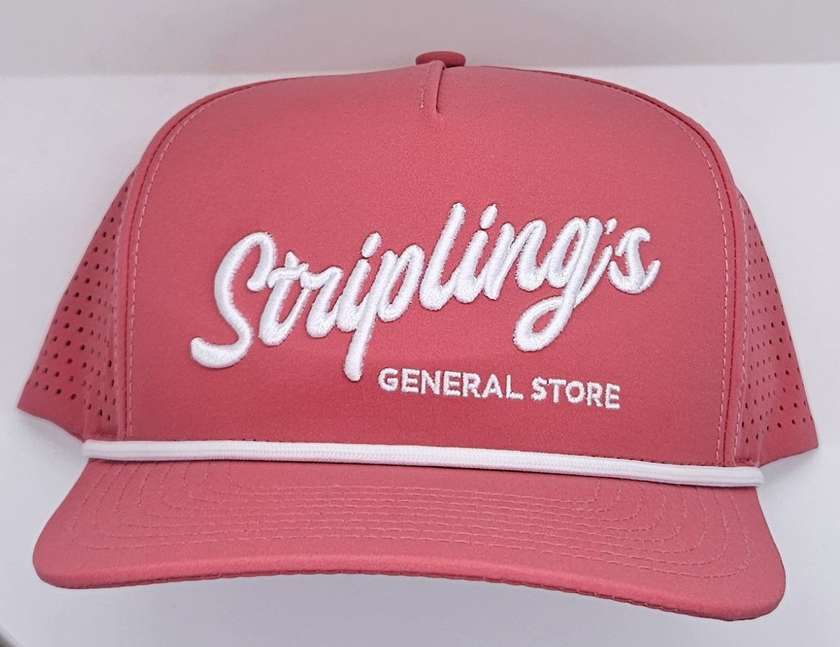 Angled view of the Stripling's pink rope hat showing the vented side panels