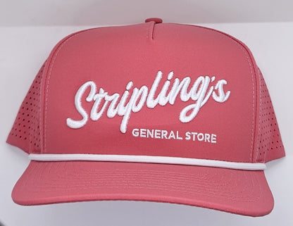 Angled view of the Stripling's pink rope hat showing the vented side panels