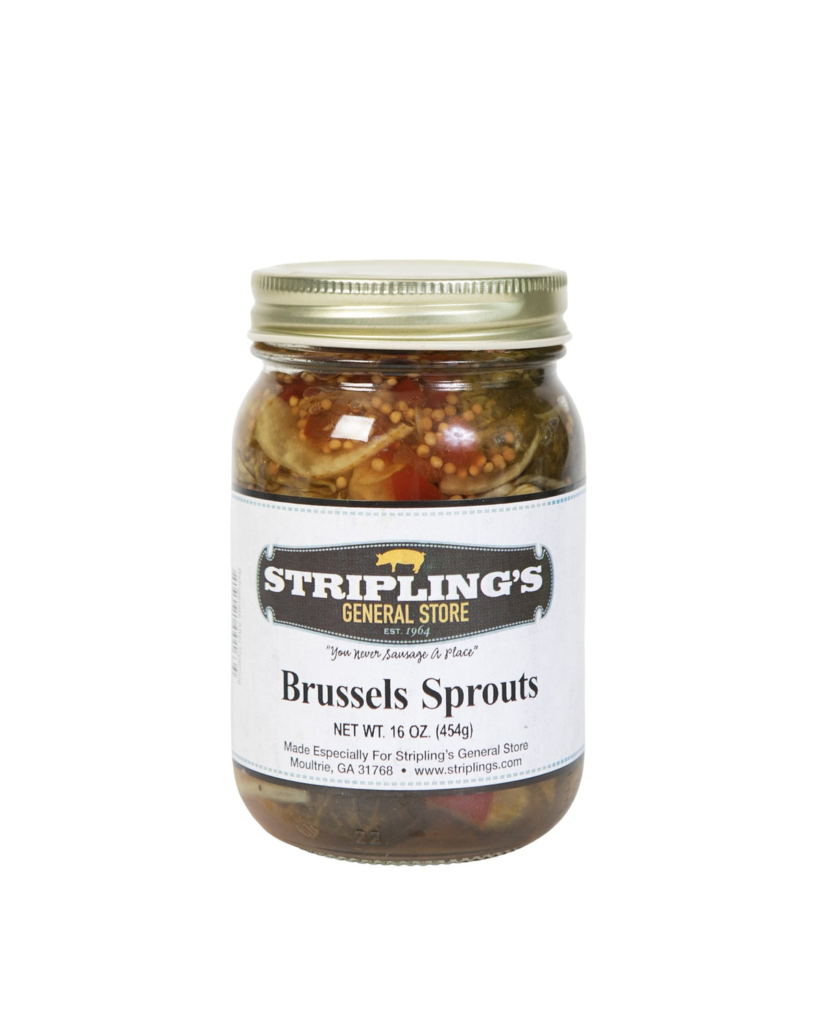 Stripling's Pickled Brussels Sprouts in a 16 oz glass jar with a gold lid, sprouts visible through the glass