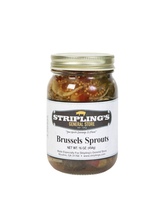 Stripling's Pickled Brussels Sprouts in a 16 oz glass jar with a gold lid, sprouts visible through the glass