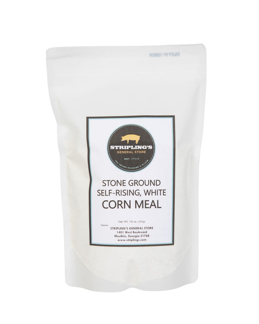 Stripling's Stone Ground Self-Rising White Corn Meal in a 16 oz white stand-up pouch