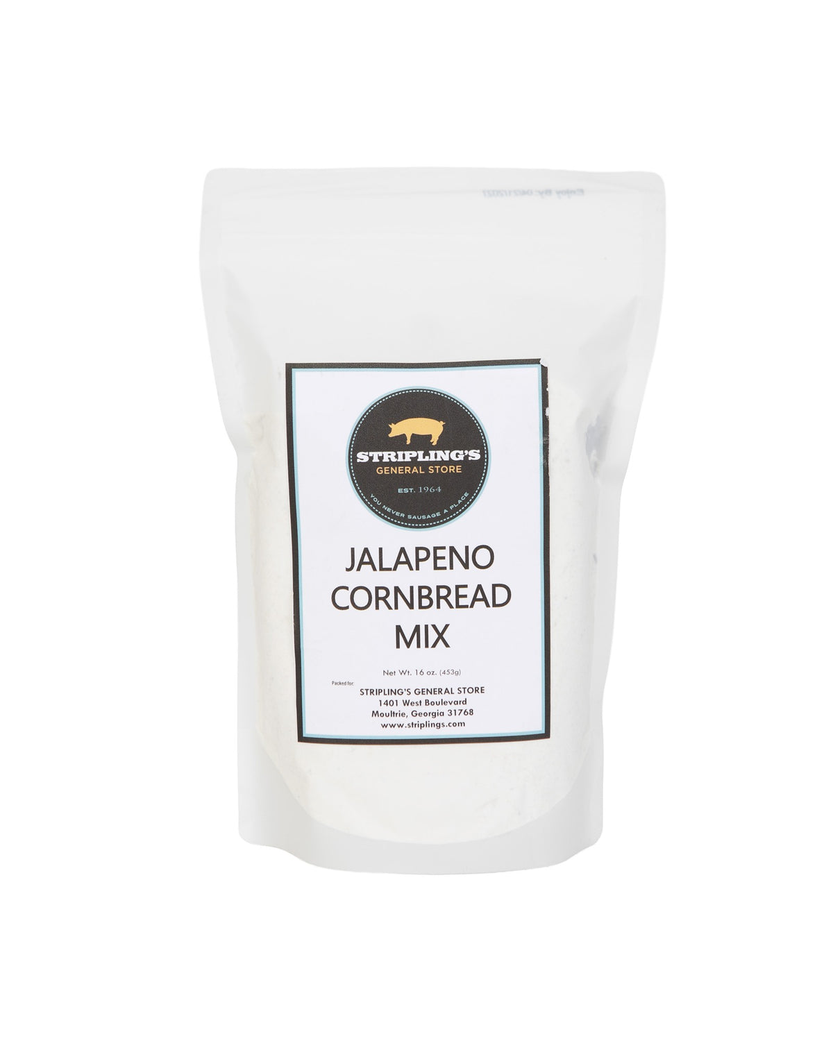 Stripling's Jalapeno Cornbread Mix in a 16 oz white stand-up pouch with the pig logo