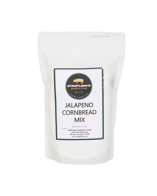 Stripling's Jalapeno Cornbread Mix in a 16 oz white stand-up pouch with the pig logo