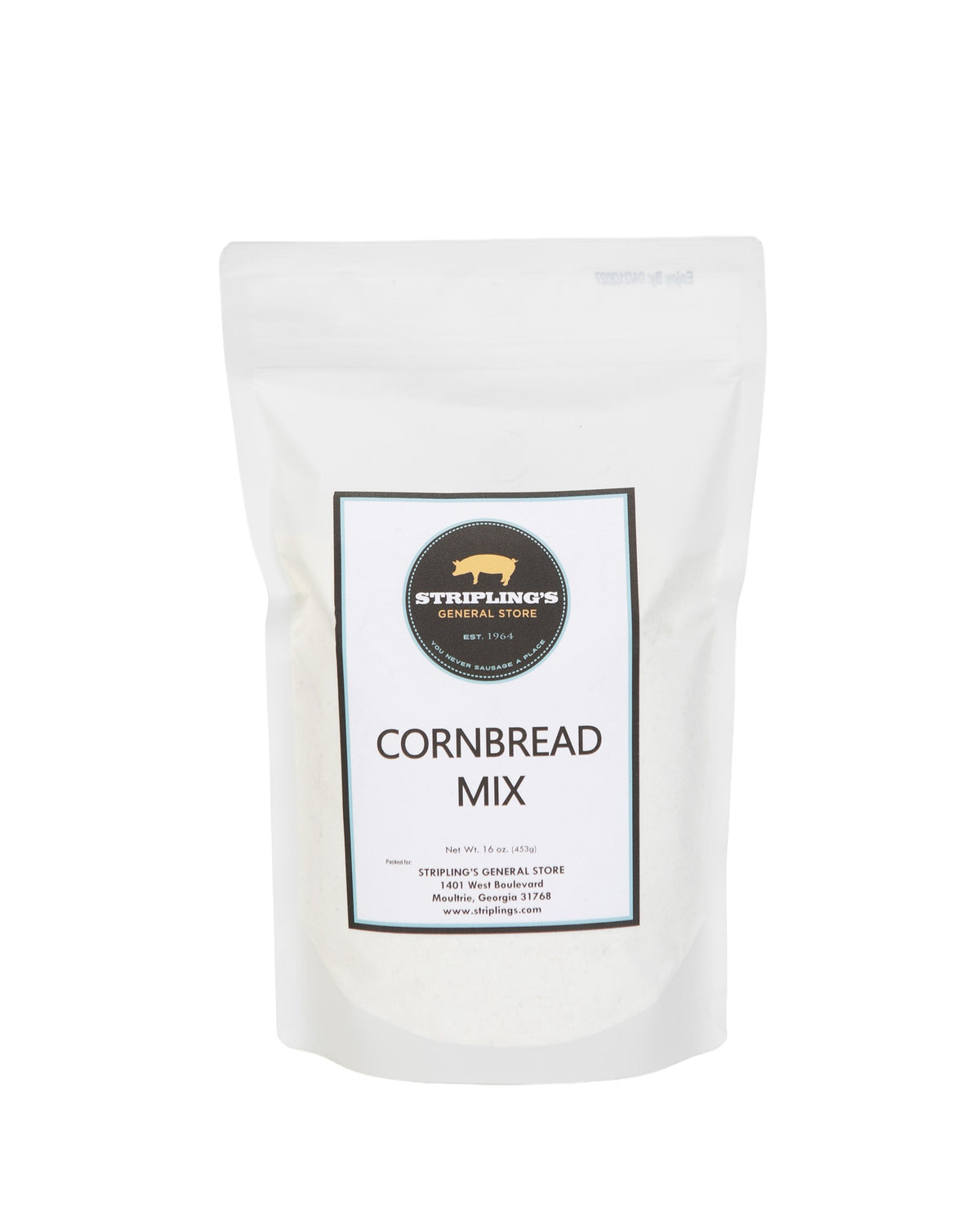 Stripling's Cornbread Mix in a 16 oz white stand-up pouch with the pig logo