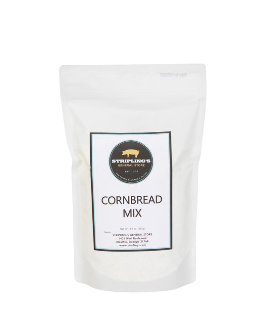 Stripling's Cornbread Mix in a 16 oz white stand-up pouch with the pig logo