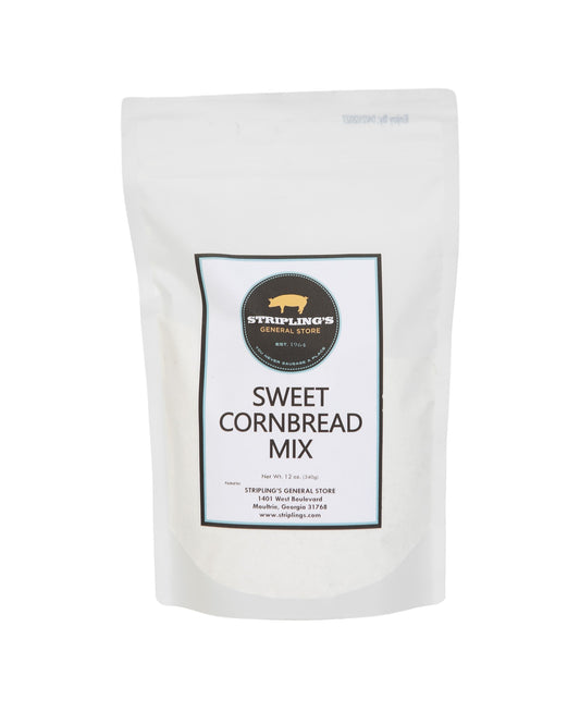 Stripling's Sweet Cornbread Mix in a 12 oz white stand-up pouch with the pig logo