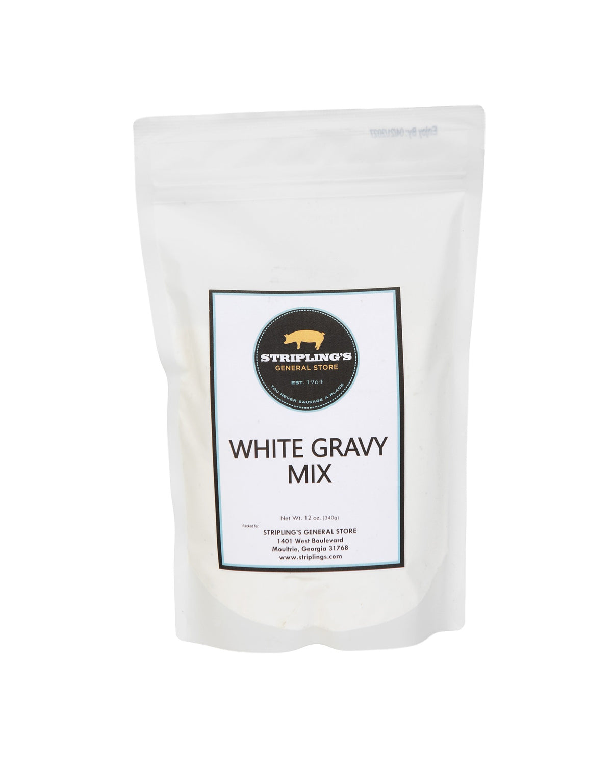 Stripling's Southern Style White Gravy Mix in a 12 oz white stand-up pouch with the pig logo