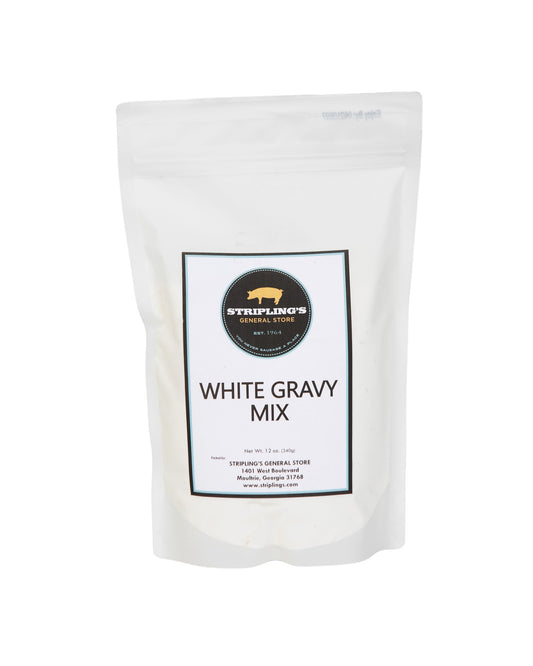 Stripling's Southern Style White Gravy Mix in a 12 oz white stand-up pouch with the pig logo