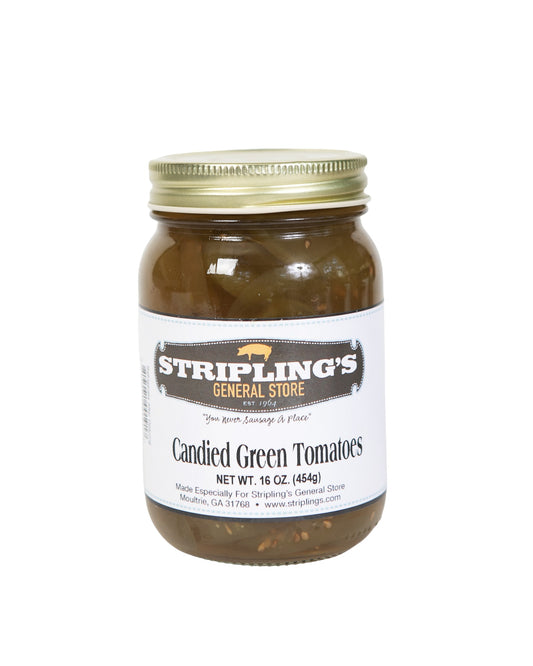 Stripling's Candied Green Tomatoes in a 16 oz glass jar with a gold lid