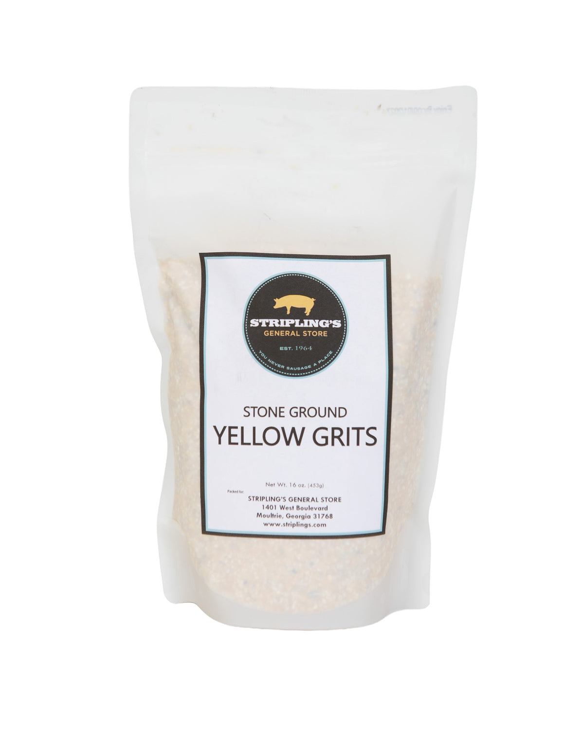 Stripling's Stone Ground Yellow Grits in a 16 oz white stand-up pouch with the pig logo