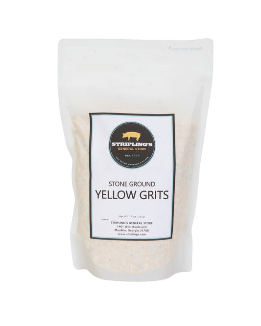 Stripling's Stone Ground Yellow Grits in a 16 oz white stand-up pouch with the pig logo