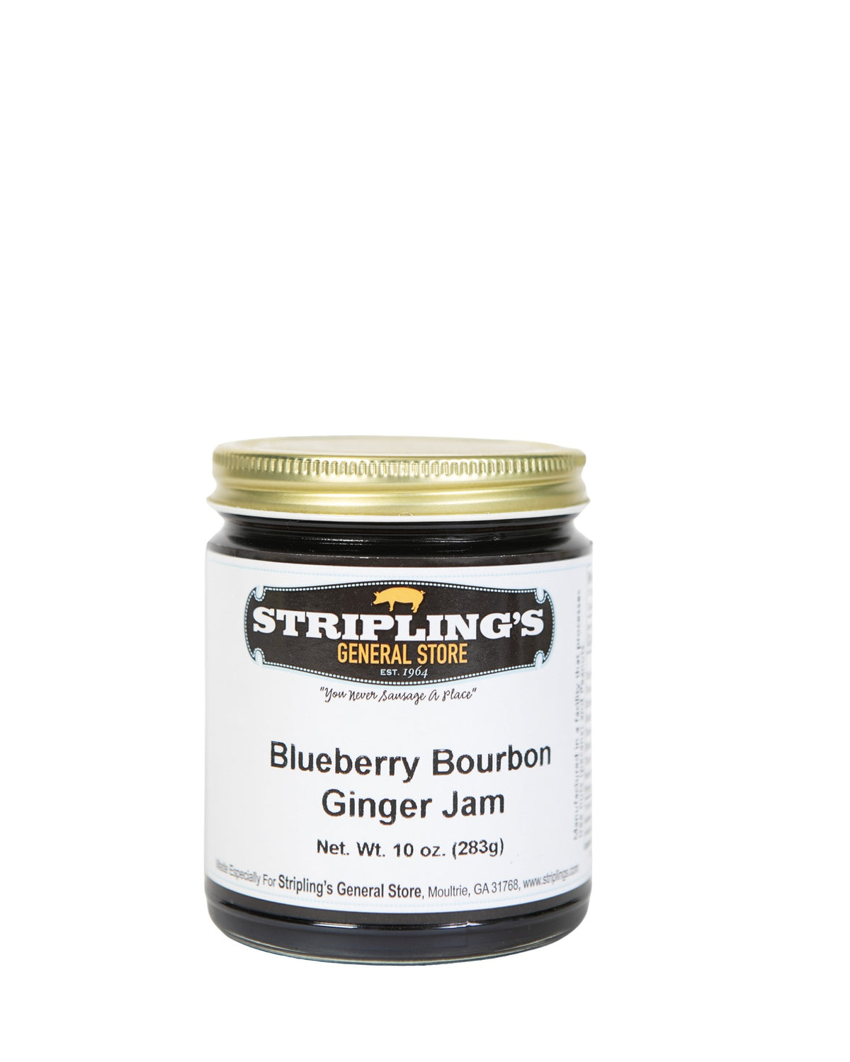 Stripling's Blueberry Bourbon Ginger Jam in a 10 oz glass jar with a black lid
