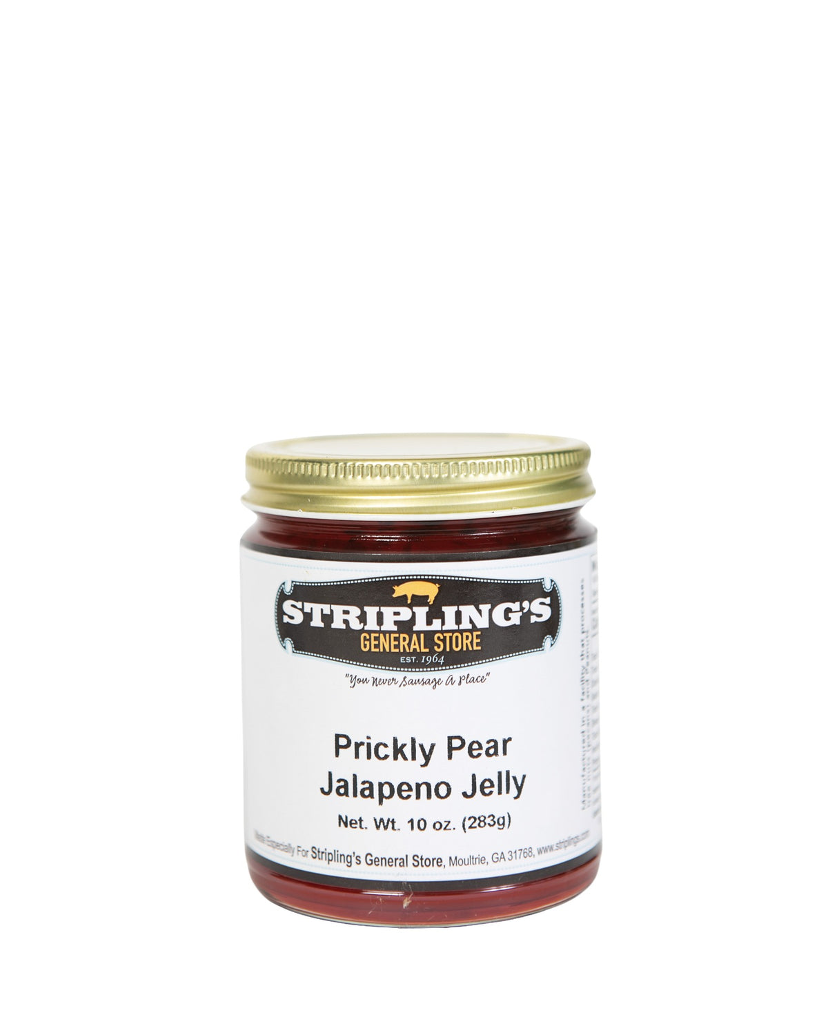 Stripling's Prickly Pear Jalapeno Jelly in a 10 oz glass jar with a red lid