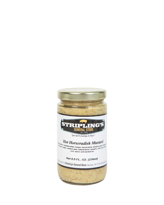 Stripling's Hot Horseradish Mustard in an 8 oz glass jar with a gold lid