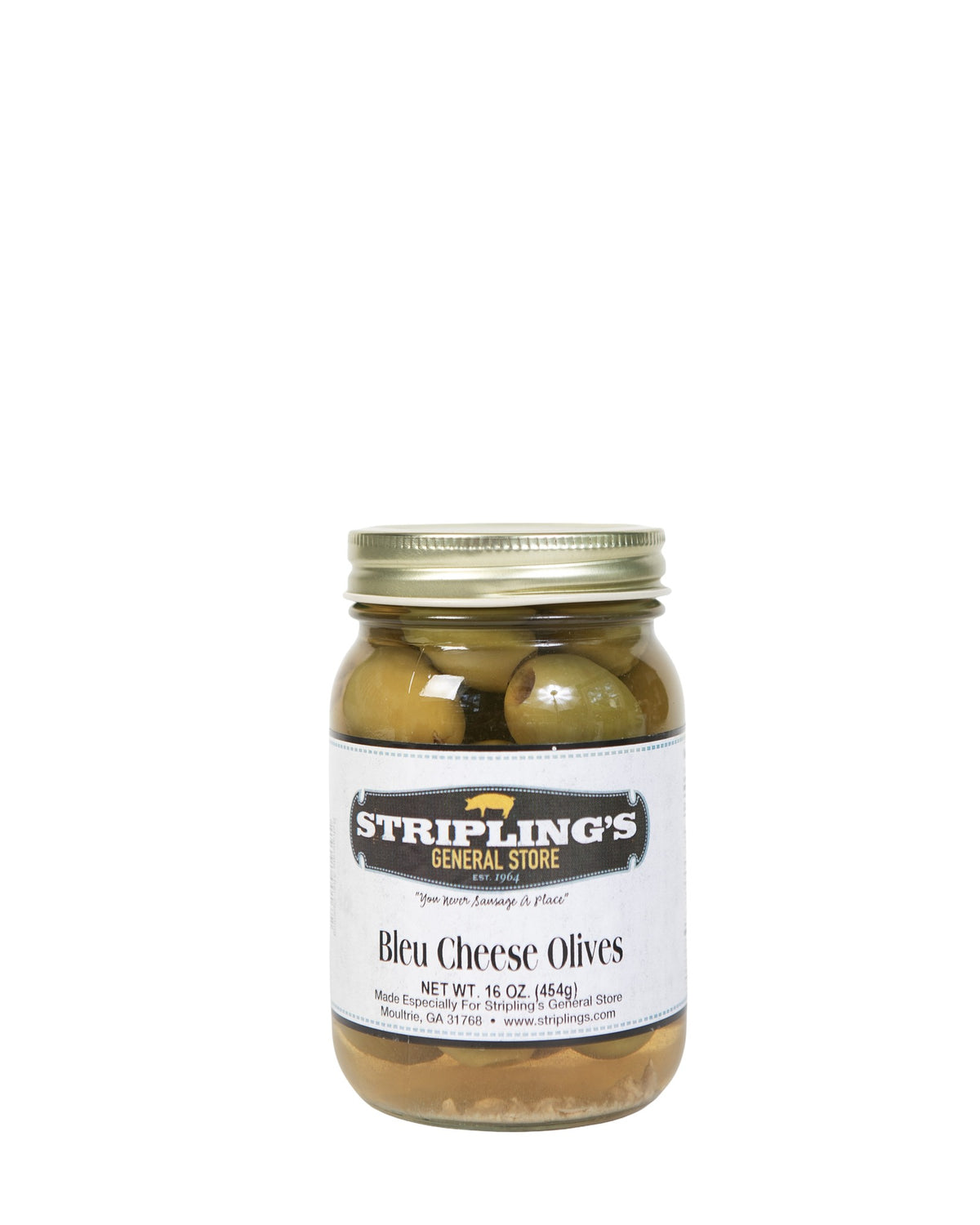 Stripling's Bleu Cheese Stuffed Olives in a 16 oz glass jar with a gold lid