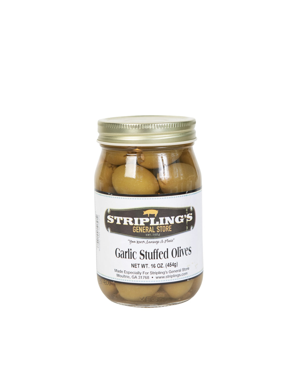 Stripling's Garlic Stuffed Olives in a 16 oz glass jar with a gold lid