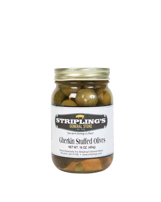 Stripling's Gherkin Stuffed Olives in a 16 oz glass jar with a gold lid