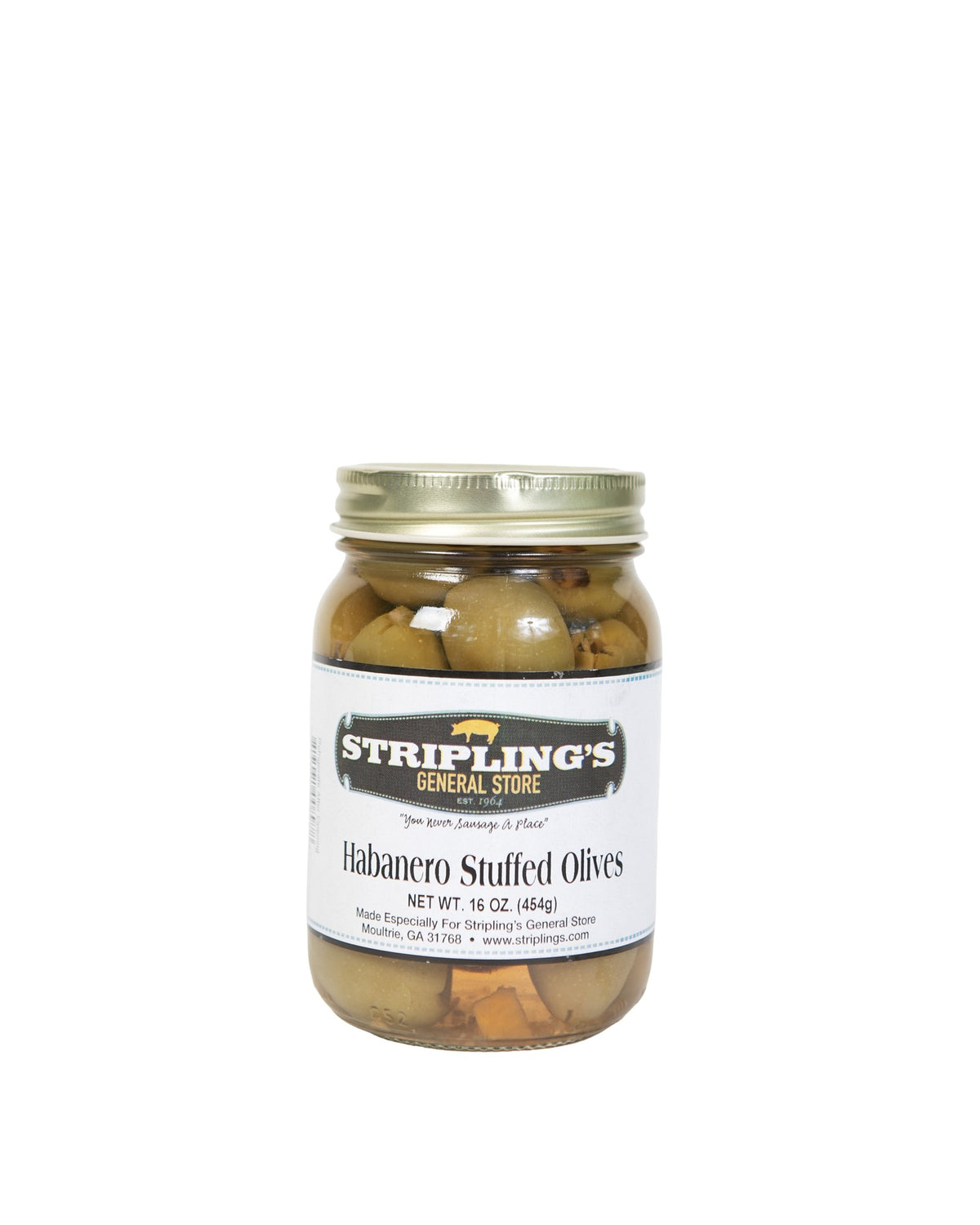 Stripling's Habanero Stuffed Olives in a 16 oz glass jar with a gold lid, peppers visible through the glass