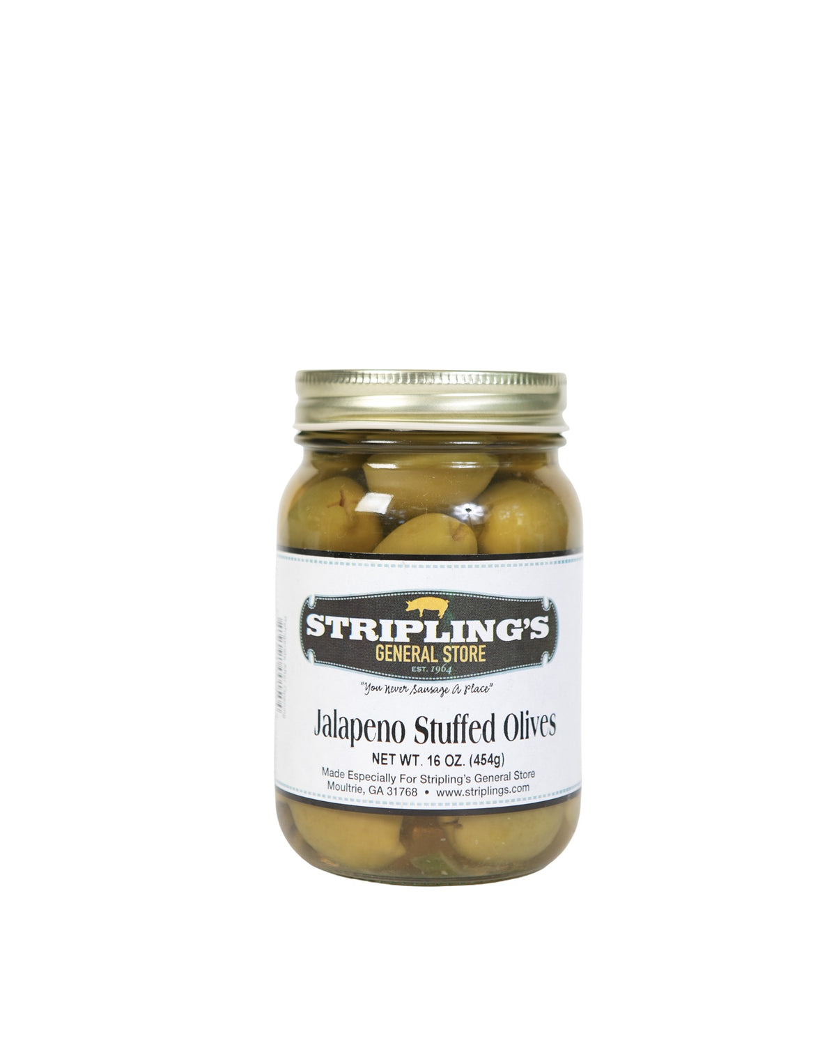 Stripling's Jalapeno Stuffed Olives in a 16 oz glass jar with a gold lid
