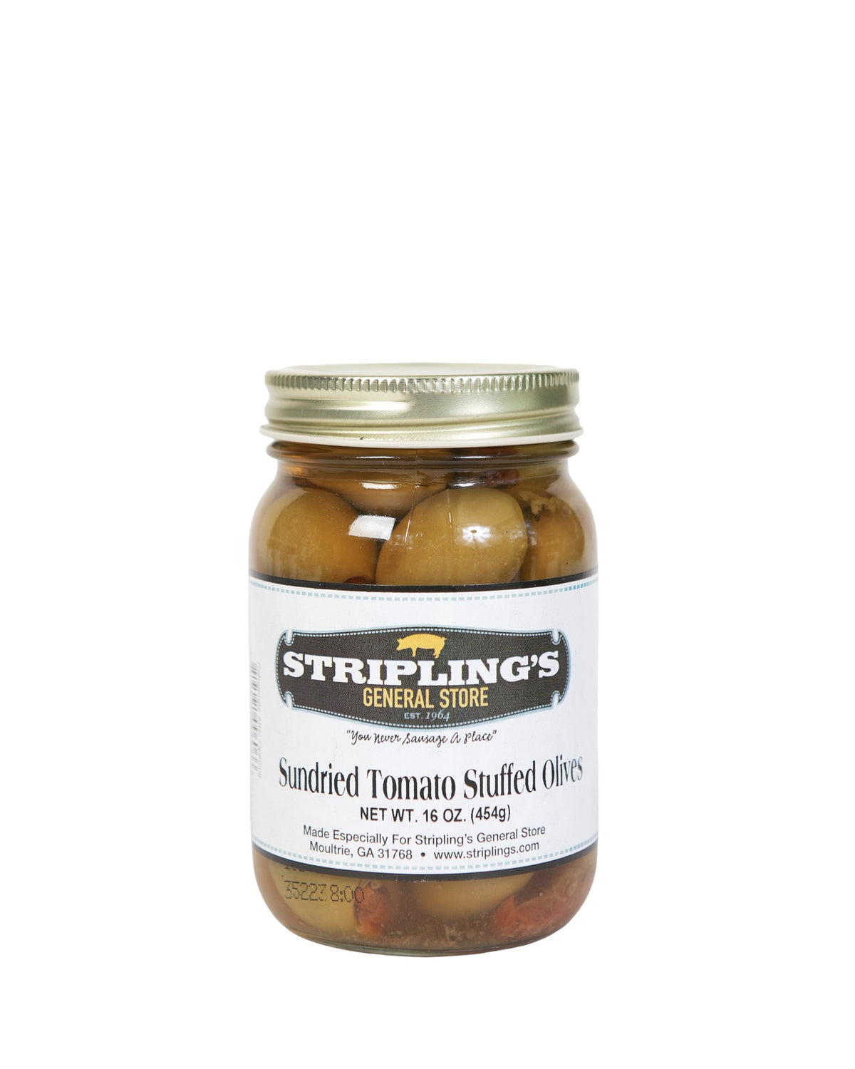 Stripling's Sun Dried Tomato Stuffed Olives in a 16 oz glass jar with a gold lid
