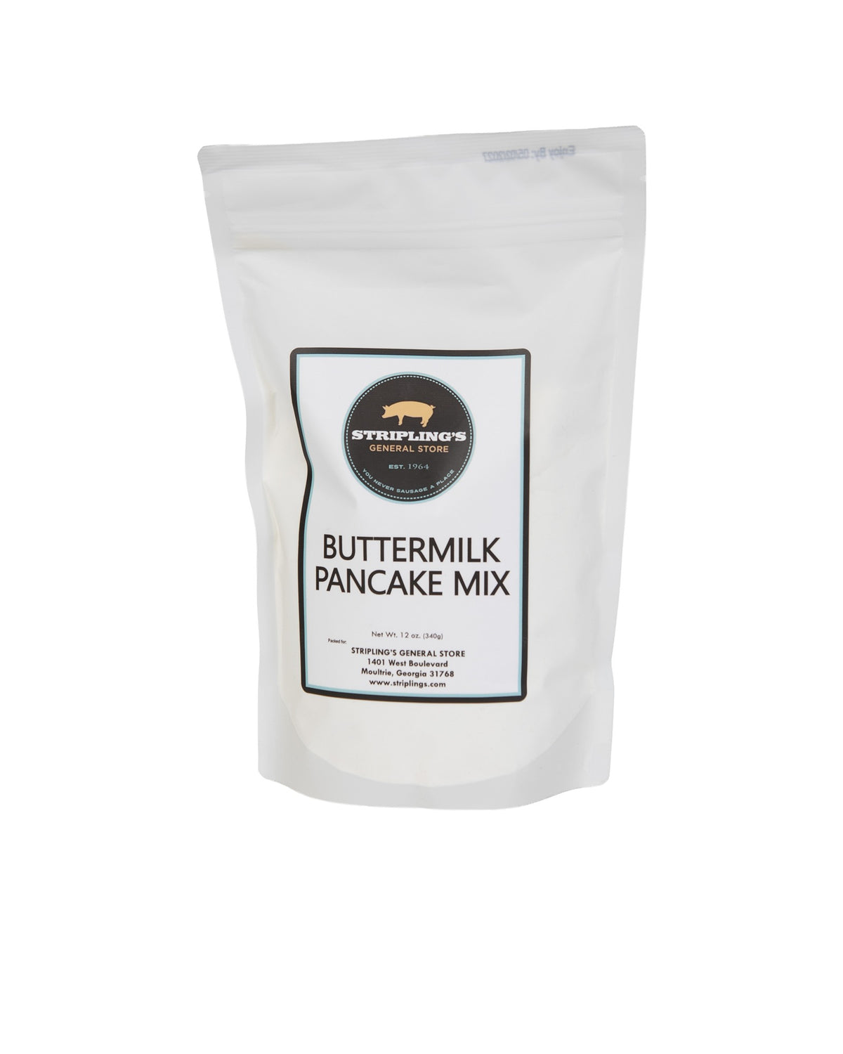 Stripling's Buttermilk Pancake Mix in a 12 oz white stand-up pouch with the pig logo