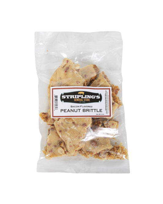 Stripling's Bacon Peanut Brittle, broken pieces in a clear 6 oz bag
