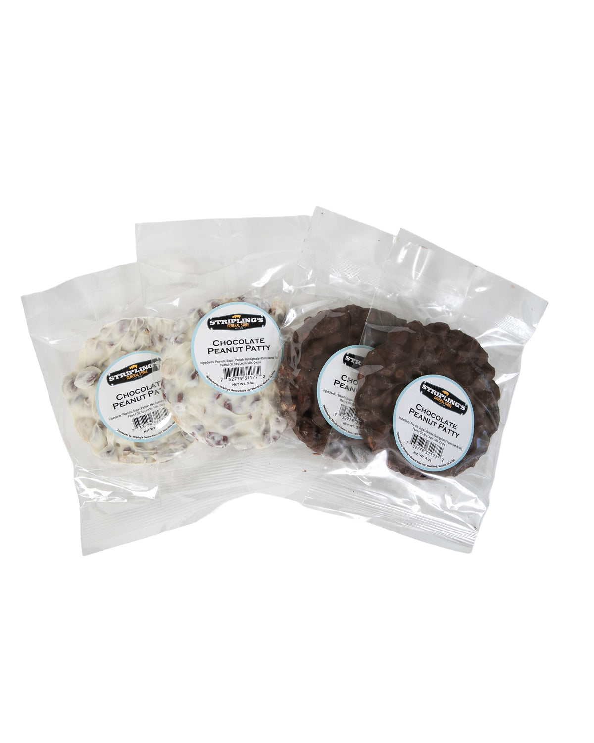 Stripling's peanut patties in clear bags, milk chocolate and white chocolate fanned out