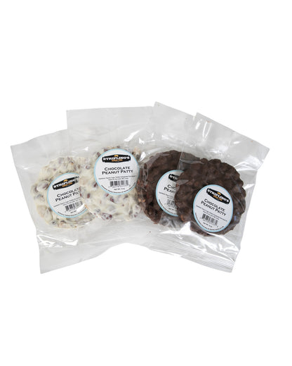 Stripling's peanut patties in clear bags, milk chocolate and white chocolate fanned out