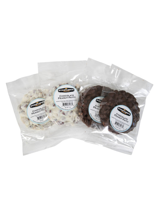 Stripling's peanut patties in clear bags, milk chocolate and white chocolate fanned out