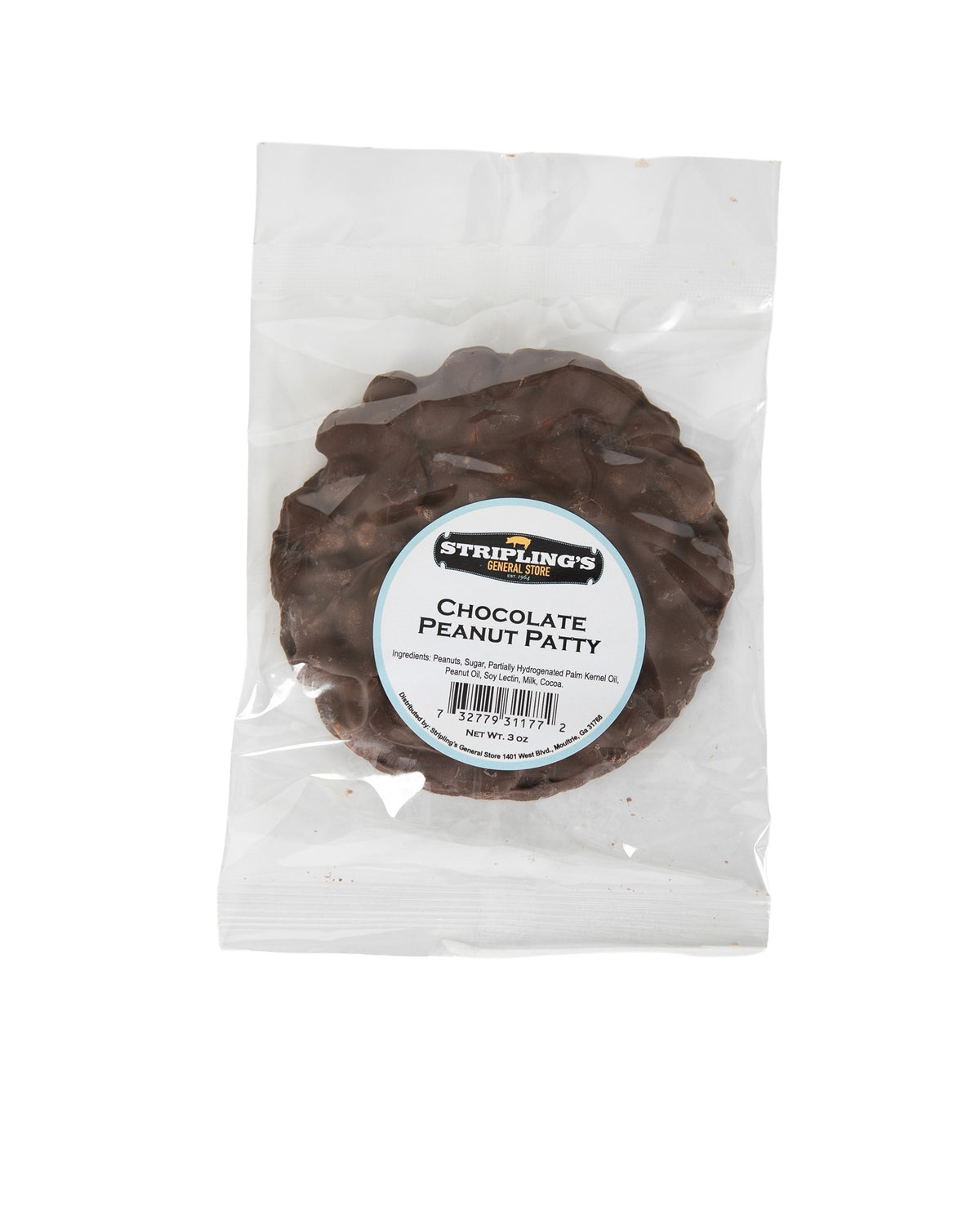 A Stripling's milk chocolate peanut patty in a clear 3 oz bag