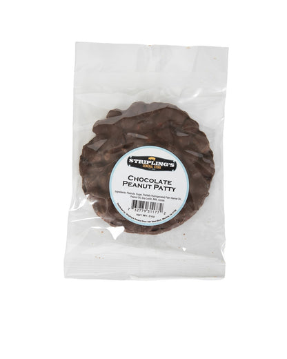 A Stripling's milk chocolate peanut patty in a clear 3 oz bag