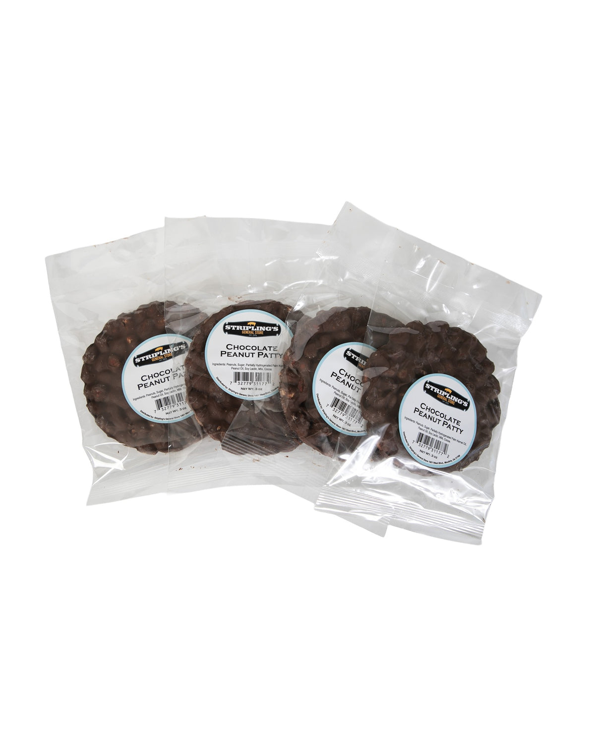 Four Stripling's milk chocolate peanut patties in clear bags, fanned out