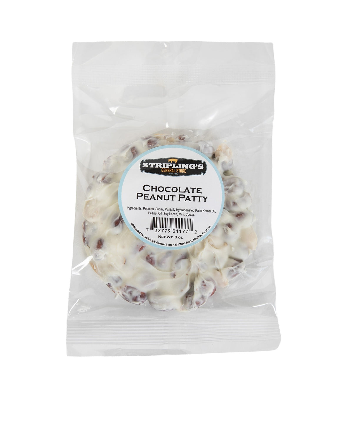 A Stripling's white chocolate peanut patty in a clear 3 oz bag