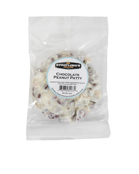 A Stripling's white chocolate peanut patty in a clear 3 oz bag